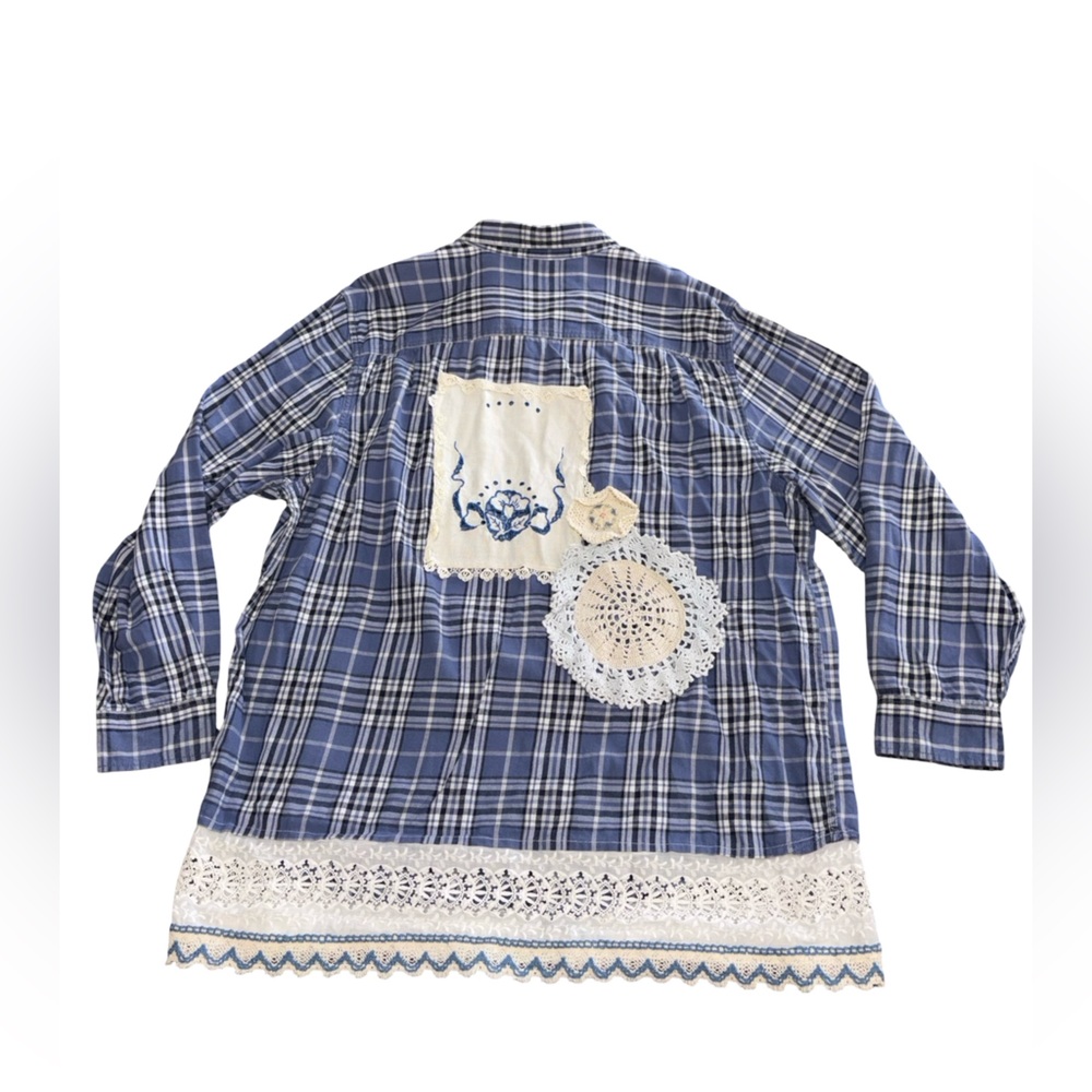 Blue Plaid Lace Hem Button Down Tunic Shirt Size 2XL Boho Cottagecore